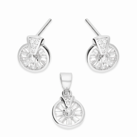 Komplet srebrny kolczyki i zawieszka koło z cyrkoniami bagietami A01099 próba 925