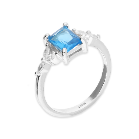 Pierścionek srebrny prostokątna niebieska cyrkonia AT747 topaz próba 925