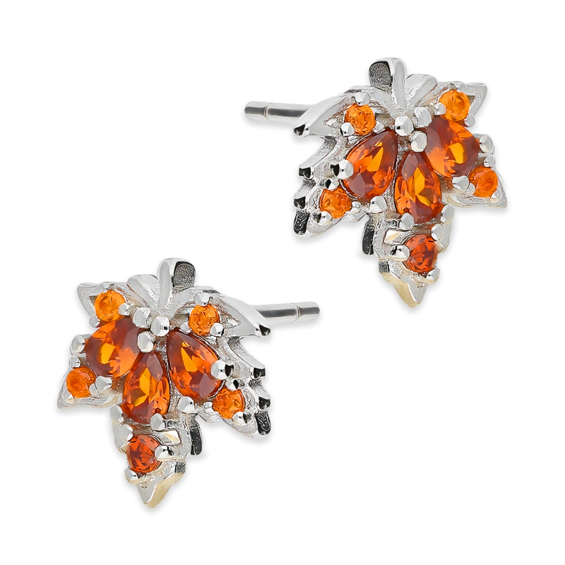 Kolczyki srebrne liść klonu z pomarańczowymi cyrkoniami/sztyft AT752 próba 925