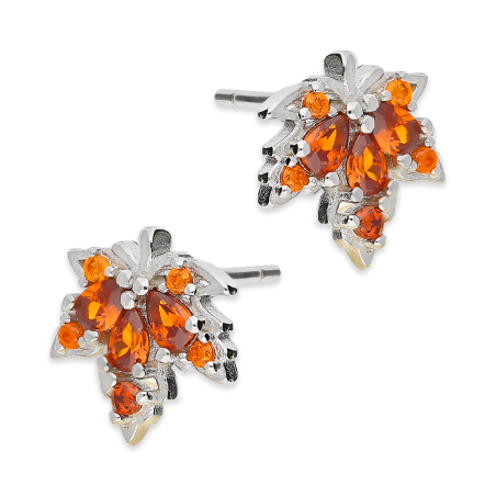 Kolczyki srebrne liść klonu z pomarańczowymi cyrkoniami/sztyft AT752 próba 925