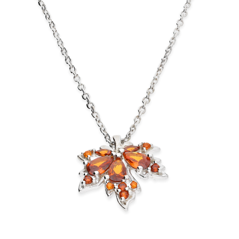 Naszyjnik srebrny liść klonu z pomarańczowymi cyrkoniami/anker AT752 próba 925
