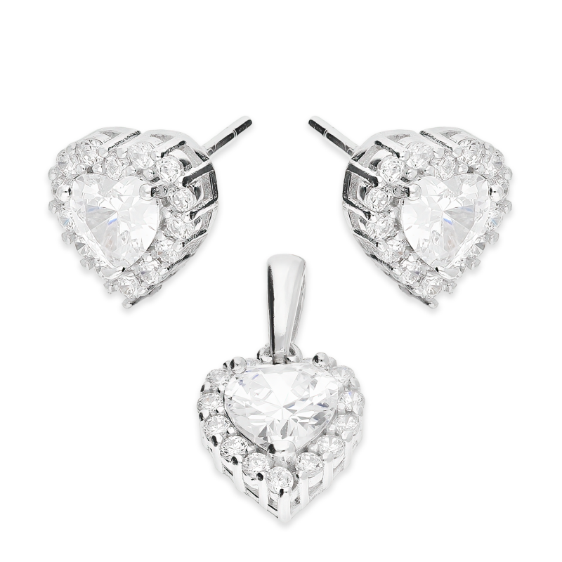 Komplet srebrny kolczyki i zawieszka markiza serce z cyrkoniami AT765 próba 925