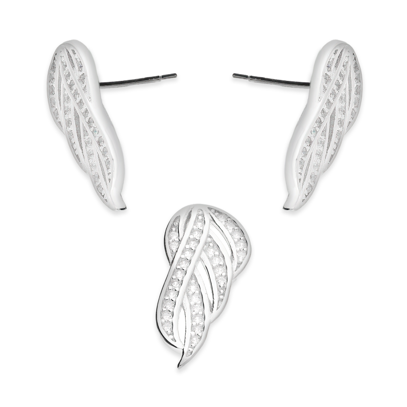 Komplet srebrny kolczyki i zawieszka liść z cyrkoniami  AT767 próba 925