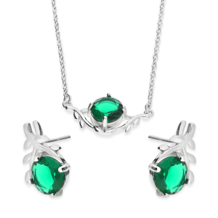 Srebrny Komplet z Zieloną Cyrkonią - Kolczyki i Naszyjnik - JubilerSezam.pl