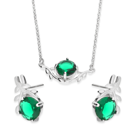 Srebrny Komplet z Zieloną Cyrkonią - Kolczyki i Naszyjnik - JubilerSezam.pl