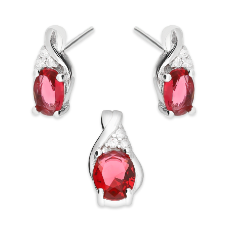 Komplet srebrny kolczyki i zawieszka owalna czerwona cyrkonia AT771 rubin próba 925