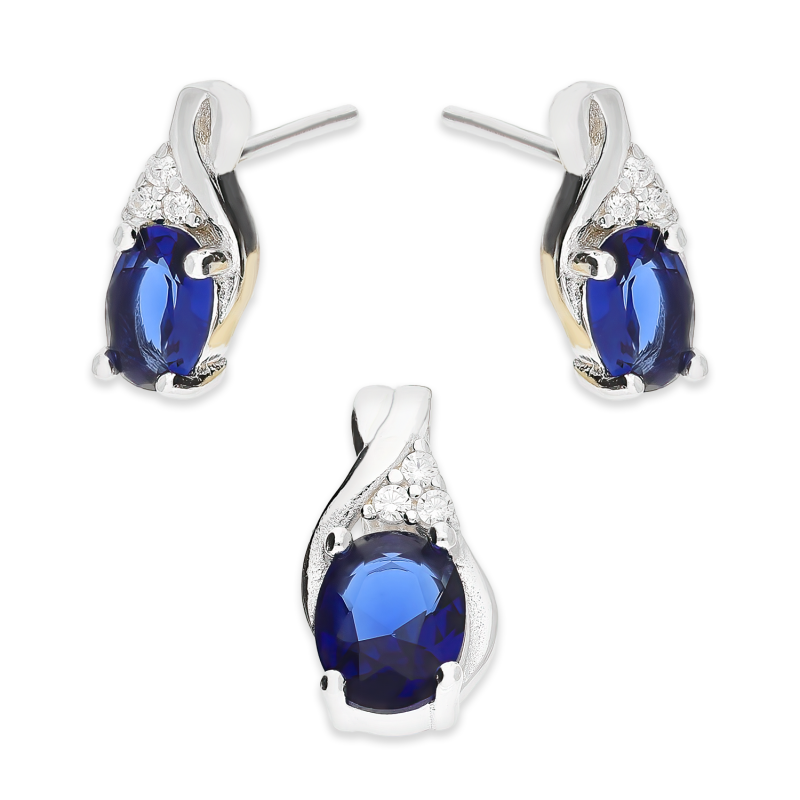 Komplet srebrny kolczyki i zawieszka owalna szafirowa cyrkonia AT771 szafir próba 925