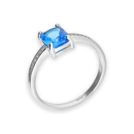 Pierścionek srebrny prostokątna niebieska cyrkonia i cyrkonie po bokach AT774 topaz próba 925