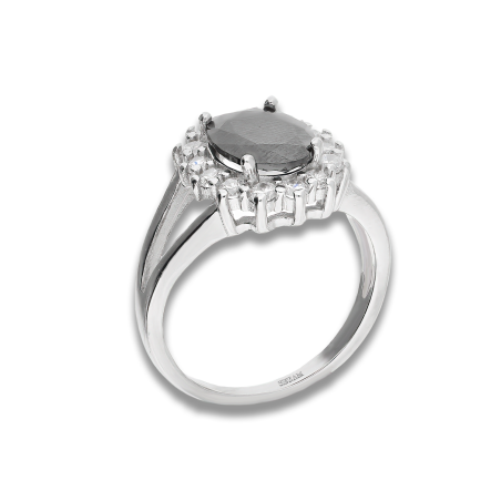 Pierścionek srebrny markiza z czarną i białymi cyrkoniami AT777 czarny próba 925