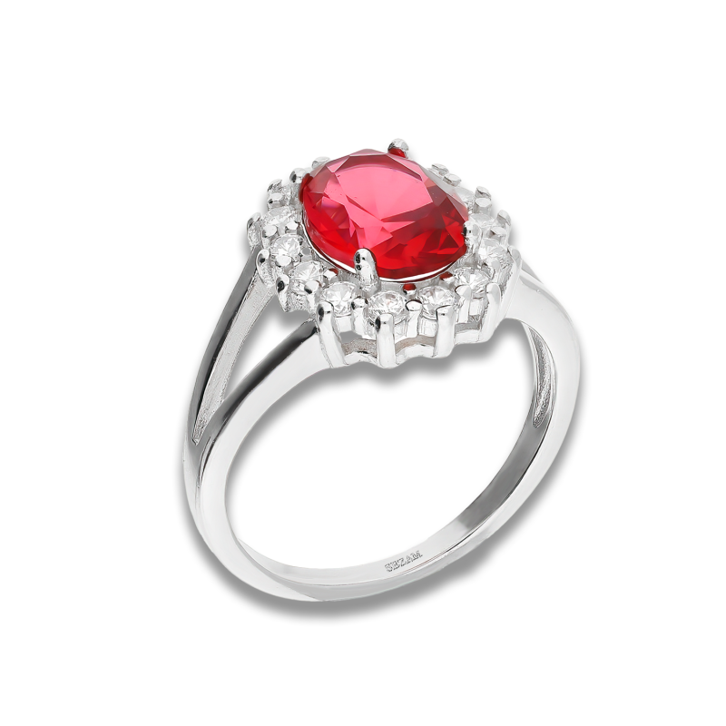 Pierścionek srebrny markiza z czerwoną i białymi cyrkoniami AT777 rubin próba 925