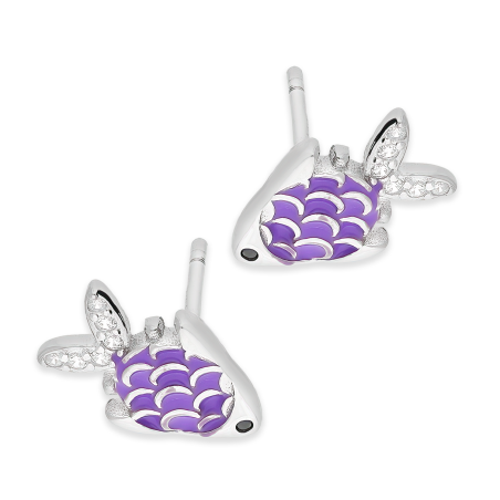 Kolczyki srebrne dla dziewczynki ryba z fioletową emalią