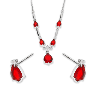 Komplet srebrny kolczyki i naszyjnik krople z czerwonymi cyrkoniami AT IM0804NS red ROD próba 925
