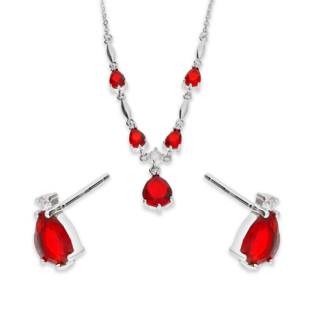 Komplet srebrny kolczyki i naszyjnik krople z czerwonymi cyrkoniami AT IM0804NS red ROD próba 925