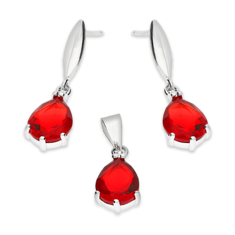 Komplet srebrny kolczyki i zawieszka krople z czerwonymi cyrkoniamiAT IM0804W red ROD próba 925