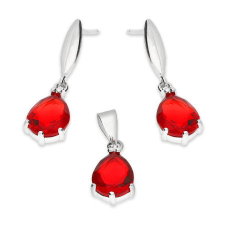 Komplet srebrny kolczyki i zawieszka krople z czerwonymi cyrkoniamiAT IM0804W red ROD próba 925