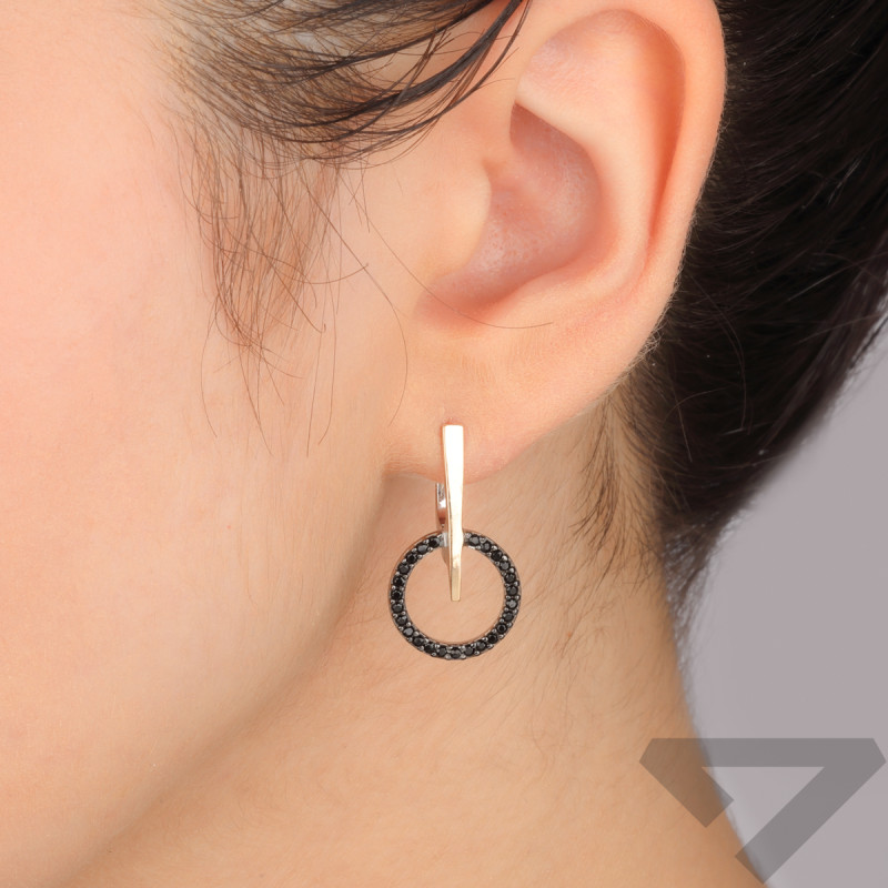 Kolczyki srebrne koło z czarnymi cyrkoniami i złota pałka