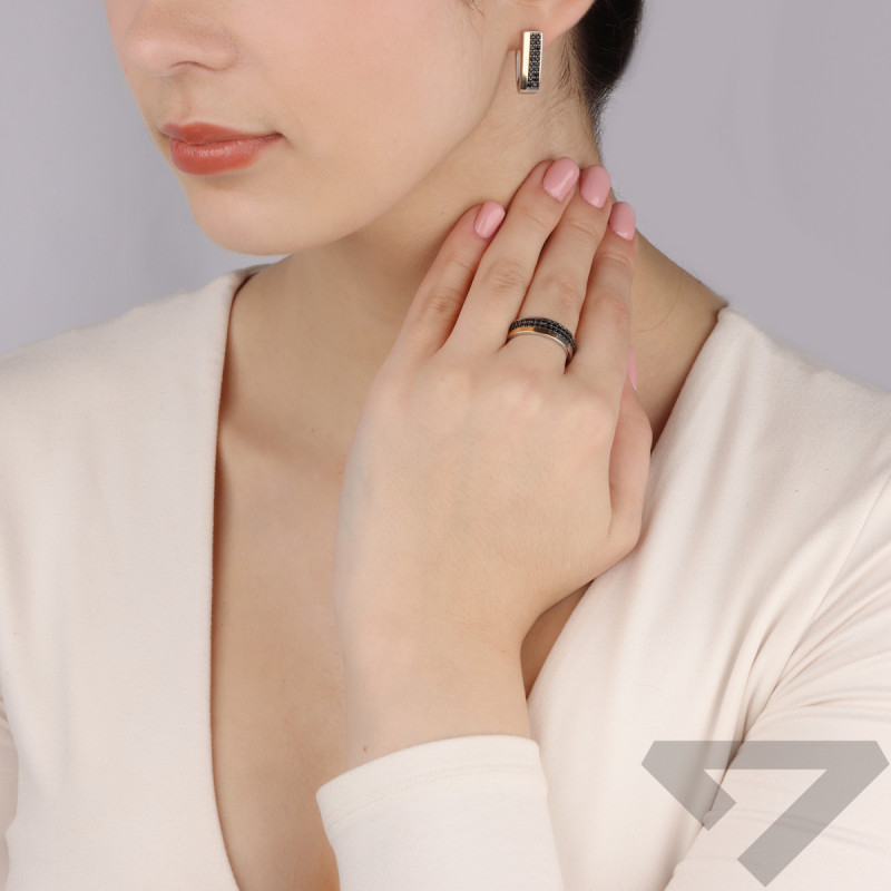 Pierścionek srebrny dwa rzędy czarnych cyrkonii i złota blaszka PX 158 BL_AU375 blaszka gold