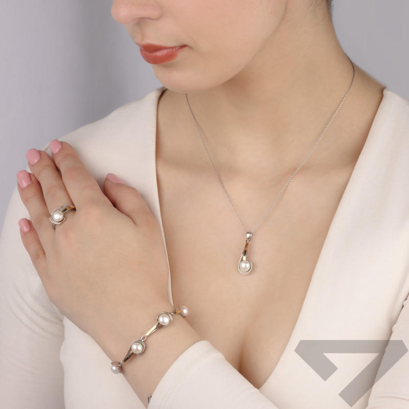 Srebrny Pierścionek z Perłą i Złotą Blaszką Pr. 925 - JubilerSezam.pl