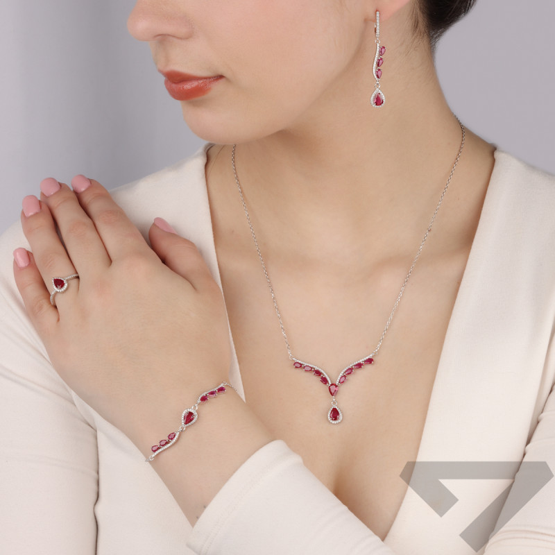 Pierścionek srebrny kropla z czerwoną i białymi cyrkoniami HS2036 PI próba 925