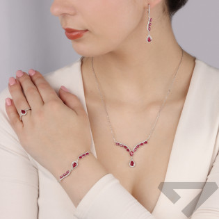 Komplet srebrny naszyjnik, bransoleta i kolczyki krople z fuksjowymi cyrkoniami HS2036 PI próba 925
