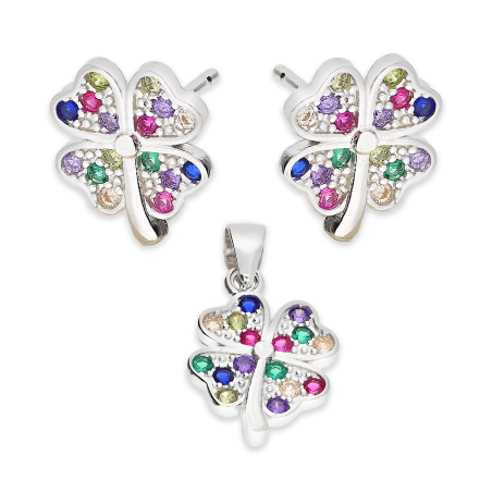 Komplet srebrny kolczyki i zawieszka koniczyna z kolorowymi cyrkoniami HS1866 próba 925
