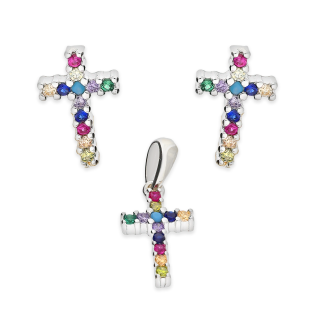 Komplet srebrny kolczyki i zawieszka krzyżyk z cyrkoniami HS1870 próba 925