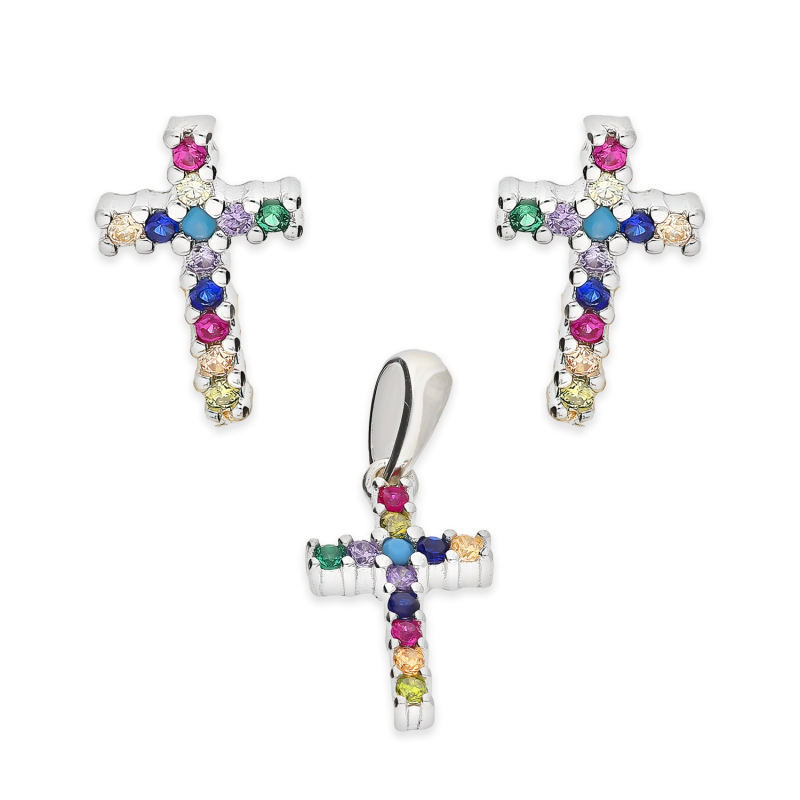 Komplet srebrny kolczyki i zawieszka krzyżyk z cyrkoniami HS1870 próba 925