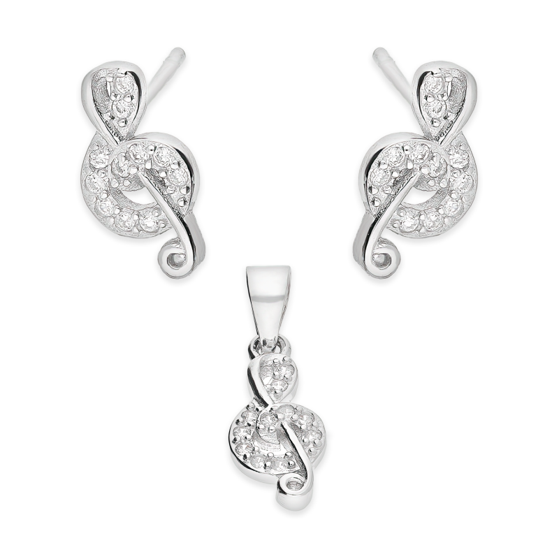 Komplet srebrny kolczyki i zawieszka klucz wiolinowy z cyrkoniami HS1871 próba 925