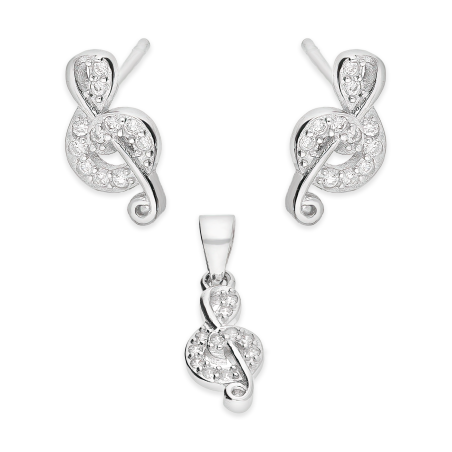 Komplet srebrny kolczyki i zawieszka klucz wiolinowy z cyrkoniami HS1871 próba 925