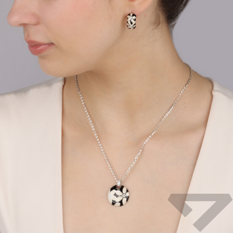 Komplet srebrny kolczyki i zawieszka kwiaty z emalią i cyrkoniami TB 23688-23687 próba 925