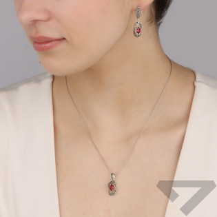 Komplet srebrny kolczyki i zawieszka kropla z rubinem i markazytami SR 432 rubin próba 925
