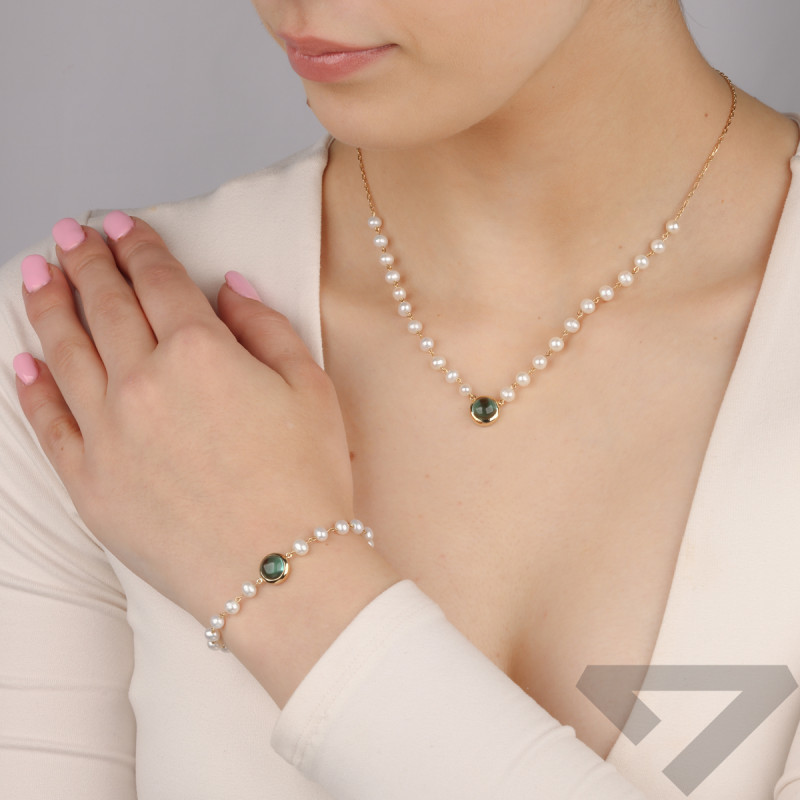 Bransoleta złota z perłami i zielonym kaboszonem MZ T33-2-PRL-8MM-RS-LIGHT GREEN próba 585