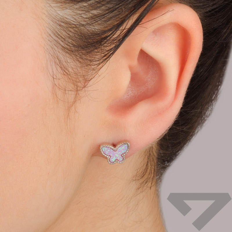 Srebrne kolczyki motyl z różowym opalem pr. 925 - JubilerSezam.pl