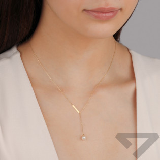 Naszyjnik złoty krawatówka biała perła 6mm i blaszka