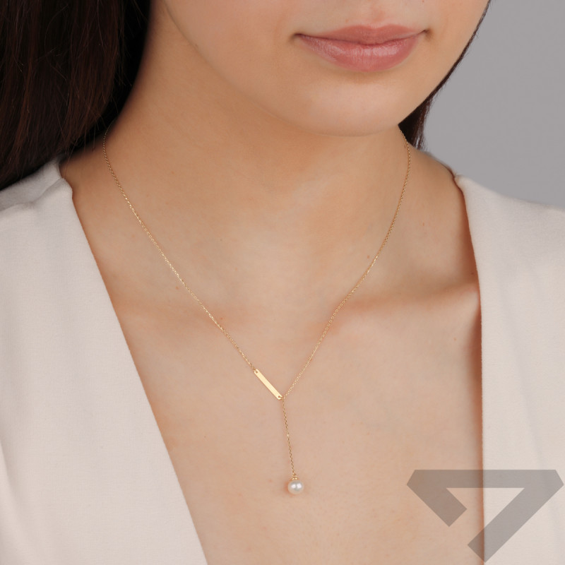 Naszyjnik złoty krawatówka biała perła 6mm i blaszka