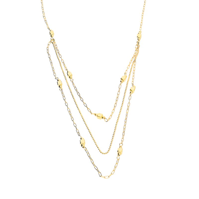 Naszyjnik pozłacany potrójny z kulkami i kwadratami/anker long+beadM3-284 GOLD próba 925