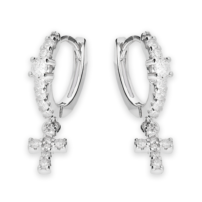 Kolczyki srebrne koło 7 mm z cyrkoniami i krzyżykiem/zatrzask NI ORZ00011 ROD próba 925