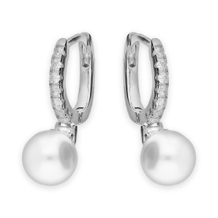 Kolczyki srebrne biała perła i cyrkonia na kółku