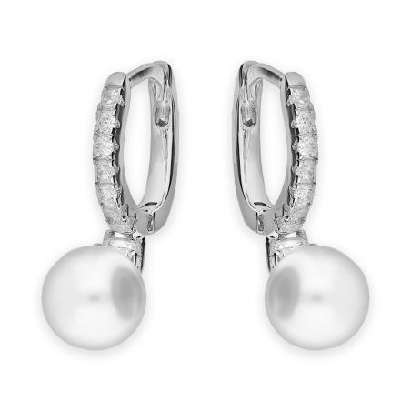 Kolczyki srebrne biała perła i cyrkonia na kółku