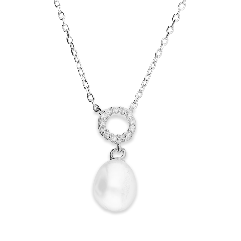 Naszyjnik srebrny z białą perłą i kółkiem z cyrkoniami/anker NI ORZ00106-GIZ00095 ROD próba 925