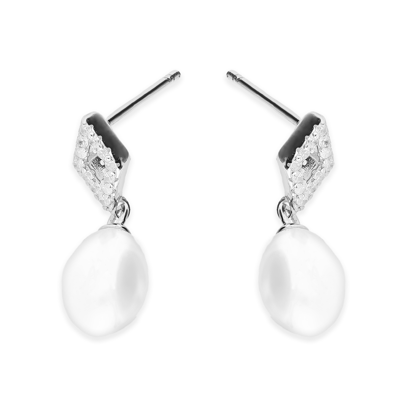 Kolczyki srebrne biała perła i romb z cyrkoniami/sztyft NI ORZ00108 ROD próba 925