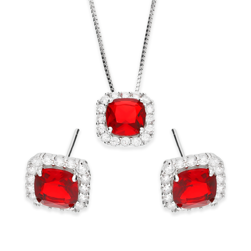 Srebrny Komplet z Czerwoną Cyrkonią - Kolczyki i Naszyjnik - JubilerSezam.pl