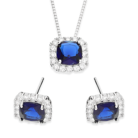 Srebrny Komplet z Szafirową Cyrkonią - Kolczyki i Naszyjnik - JubilerSezam.pl