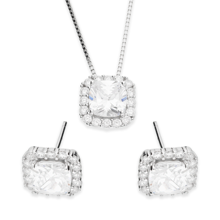 Komplet srebrny kolczyki i naszyjnik kwadratowa markiza z białymi cyrkoniami NI ORZ00141-GIZ00123 ROD próba 925
