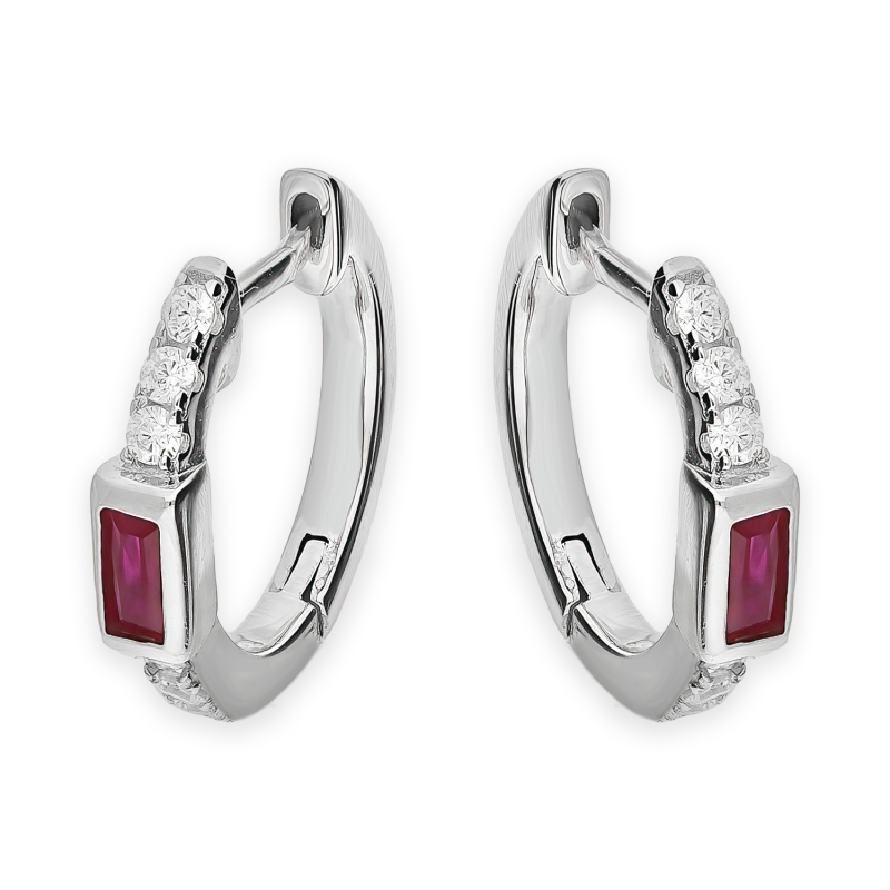 Kolczyki srebrne kółka 10 mm z czerwoną cyrkonią bagietą/zatrzask NI ORZ00216 ROD RE próba 925