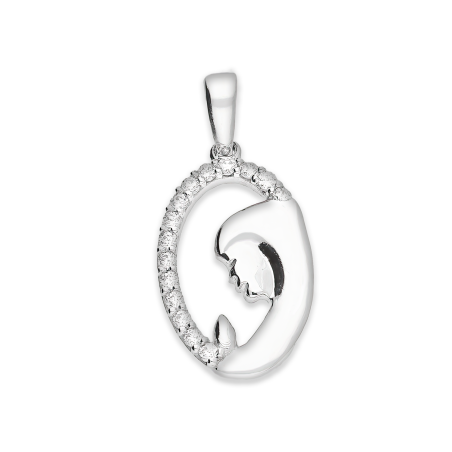 Medalik z białego złota Matka Boska w owalu z cyrkoniami z boku próba 585