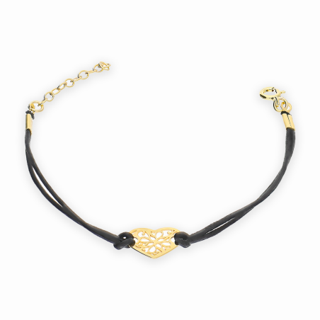 Bransoleta pozłacana ażurowe serce na czarnym sznurku PW NEW 278 GOLD czarny próba 925
