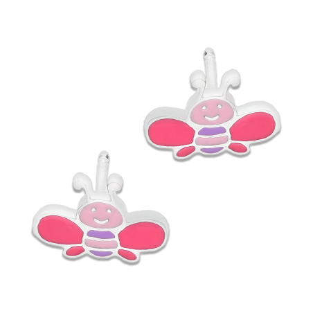 Kolczyki srebrne dla dziewczynki pszczółka z różową emalią/sztyft PW3-2 próba 925