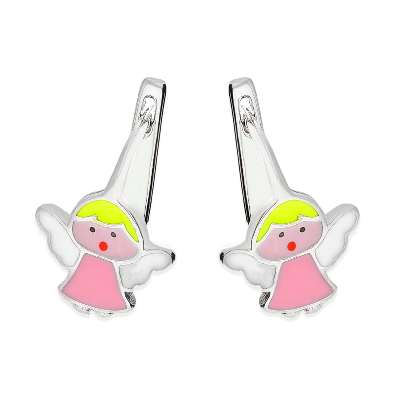 Kolczyki srebrne dla dziewczynki anioł z emalią/ang.zap. PW11 różowy próba 925