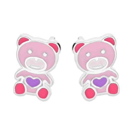 Kolczyki srebrne dla dziewczynki miś z sercem/sztyft PW61-1 próba 925